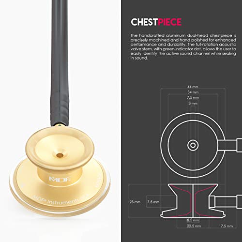 Image of MDF Instruments, Acoustica Lightweight Stethoscope for Doctors, Nurses, Students, Home Health Use, Adult, Dual Head, Black Tube, Gold Chestpiece-Headset, MDF747XPK11