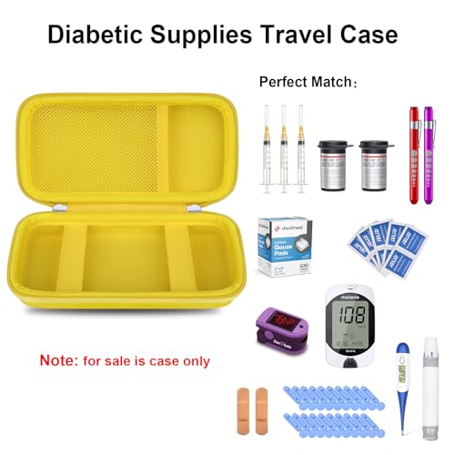 Image of Elonbo Diabetic Supplies Travel Case for Glucose Meter Diabetes Testing Kit | Portable Diabetes Testing Kit Storage Organizer Bag, Glucose Meter Insulin Pen Carrying Case for Test Strips Lancets, Yellow