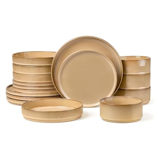 LIANYU 16 Piece Dinnerware Sets with Double Bowls, Ceramic Plates and Bowls Set for 4, Ribbed Stoneware Dishes, Microwave and Dishwasher Safe, Dune Khaki