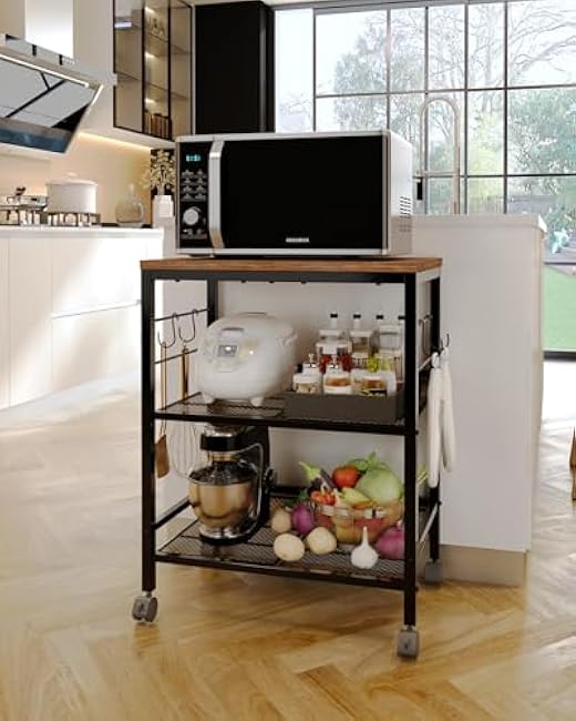 Kitchen Rolling Cart with Storage, 3 Tier Microwave Stand on Lockable Wheels, Small Utility Cart, Coffee bar&Tea Table, Organizer Shelves for Kitchen, Office, Living Room-QP049Npd