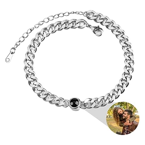 Personalized Photo Bracelet Custom Picture Projection Bracelets for Men I Love You Bracelet for Couples Custom Round Charm Circle Photo Bracelets Cuban Chain Memorial Jewelry Gift Cover