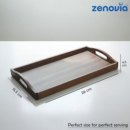 Image of ZENOVIA Handmade Teak Wood Serving Tray with Handles | Tea & Coffee Tray | Ottoman & Coffee Table Tray | Decorative Kitchen & Dining Platter | S Size (26 x 15 x 4.5 cm) | 26 x 15 x 4.5 cm, Tea & Coffee Tray, Ottoman & Coffee Table Tray, Decorative Kitchen & Dining Platter