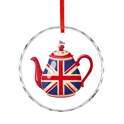 British Tea UK Teapot Union Jack Flag Christmas Ornament Xmas Crystal Glass Hanging Decorations for Christmas Tree Home Party