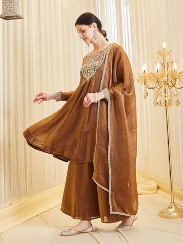 Image of MOKOSH Women's Silk Embroidered Anarkali Kurta and Sharara with Dupatta Set | Ethnic Set | Suit Set | Kurta Set