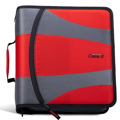 Mochila de fichário com zíper duplo da Case-it - Anéis D de 5 cm - Capacidade de 10 cm com páginas de espera, vermelho de bombeiros Dual-301