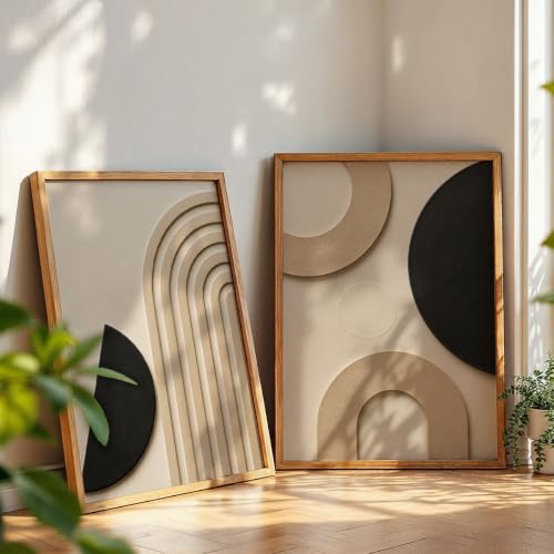 Image of NoWorries Abstract Geometric Wall Painting Set of 2 with Frame | Black Beige Arch & Circle Texture Artwork, Modern Minimal Wall Decor for Living Room, Bedroom, Office and Home Decoration (Art-10, 21x31inch)