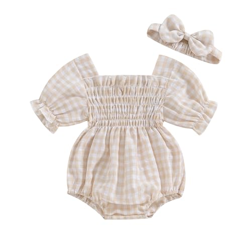 ZAXARRA Infant Baby Girl Plaid Romper Baby Pleated Romper Ruffle Festival Bodysuit Spring Summer Clothes with Headband (Khaki, 0-3 Months)
