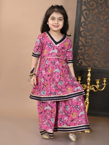Image of superminis Girls Cotton Floral Printed Gota Patti Work Half Sleeves Sharara Suit