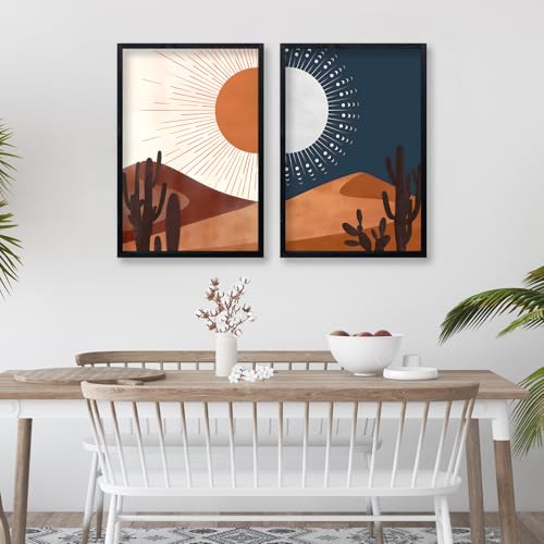 Sun and Moon Cactus Desert Landscape Wall Art Decor 24"x16" Modren Farmhouse Living Room Set of 2 Botanical Prints Wooden Framed Bedroom Boho Multicolor Minimal Wall Hanging Sign (Black)