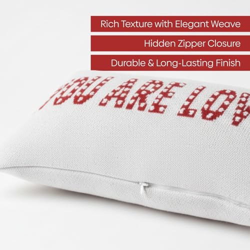 Image of haus & kinder You are Loved Knitted Cushion Cover | Decorative Lumbar Throw Pillow Cover for Sofa, Couch & Bedroom | Soft Aesthetic Home Decor Cushion Cover | Rectangular Cushion Cover | White & Red