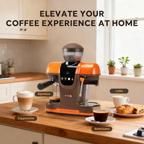 Semi-Automatic Espresso Machine with Grinder, 20 Bar Professional Coffee Maker with Milk Frother, Latte & Cappuccino, Compact for Home Use, Orange - Image 5