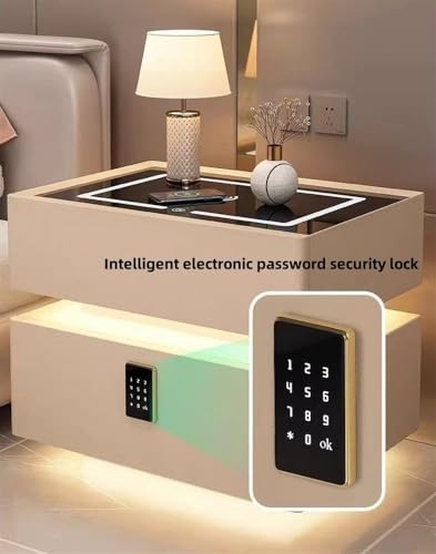 Table de chevet intelligente kaki 2 tiroirs avec lampe LED et code