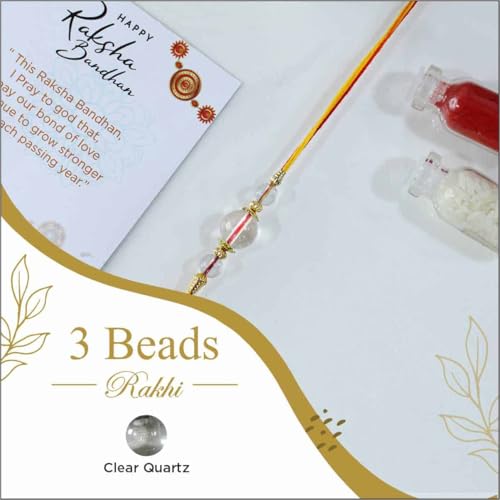 Image of Shubhanjali Crystal Beads Rakhi for Brother | Handmade Healing Crystal Stone Designer Rakhi for Bhaiya | Raksha Bandhan Gift Set with Roli Chawal, Kumkum, Greeting Card & Potli