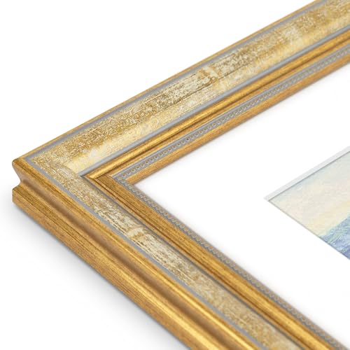 Image of Golden State Art,9x12 Ornate Picture Frame Holds 6x8 Photo,Vintage Gold | Includes real glass front,white mat,build-in hangers and buttons.Displays 6x8 photo on wall
