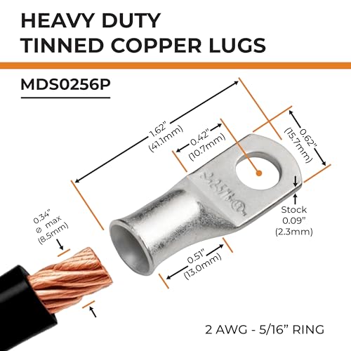 Image of SELTERM 25pcs 2 AWG 5 /16 inch Stud Marine Grade Tinned Copper Battery Cable Lugs, 2 Gauge Ring Terminals, UL Wire Lugs Electrical Battery Cable Ends, Tinned Copper Lugs Battery Terminal Connectors