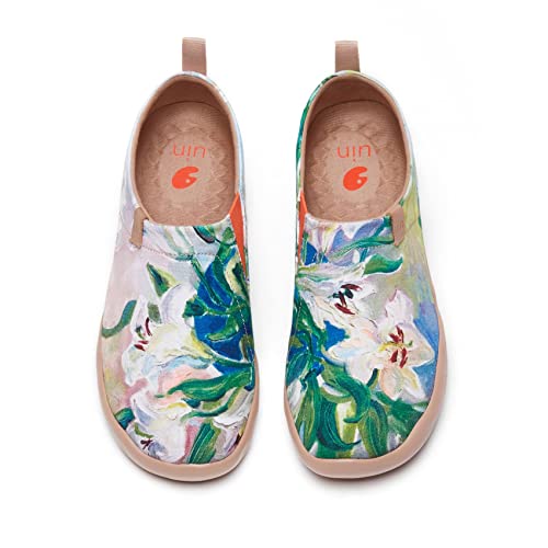UIN Chaussures pour Femme, Cadeaux de Noël, Nouvel an, château Peint, Toile, Tendance, Confortable, légère, Douce, Marche, Automne, Rouge, Lys...