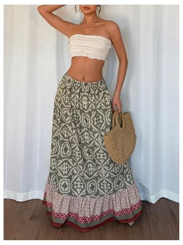 Women's Boho Printed Maxi Skirt Tribal Ruffle Elastic High Waist A Line Flowy Summer Skirts3