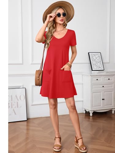 Image of Heymoments Summer Dresses for Women Short Sleeve V Neck Swing Sundress Casual A-Line Flowy Dress with Pockets S-2XL