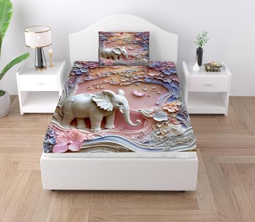 Image of Digital Printed Heavy Quality Glace Cotton 7D Bedsheet for Single Bed, 60 inch x 90 inch Flat Bedsheet with 1 Matching Pillow Cover for Kids, 300 TC (Elephant)