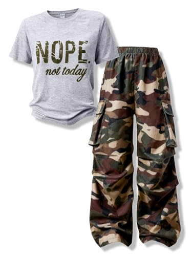 Voxikidio Teen Girls Outfits Letter Print Short Sleeve Tops Cargo Pants Spring Fall Girls Clothes (Camouflage Size 15-16)