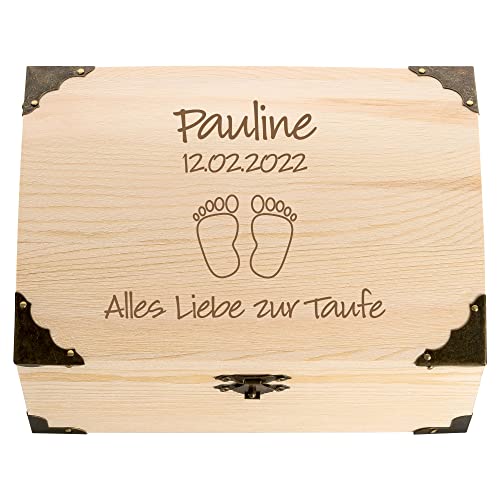 4youDesign Schatztruhe zur Taufe mit persönlicher Gravur – Motive Füße – personalisiertes Geldgeschenk mit Name & Datum – Erinnerungsbox (Füße)