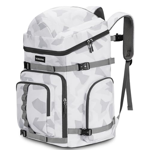YOREPEK 65L Sac à Dos Ski avec 8 Poches, Sac Bottes de Ski et Vêtements, Imperméable, pour Casque, Masque, Veste, Snowboard, Skis, Sports d'hiver, Skis Backpack pour Homme Femme, Neige, White Gray