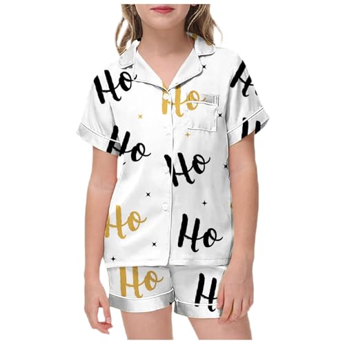 Pijama para niños niña y niño de manga corta, tema de Papá Noel en satén de seda suave, conjunto de dos piezas con botones, salón clásico y cómodo con pantalones cortos, Sleepwear ideal, blanco, 2-3