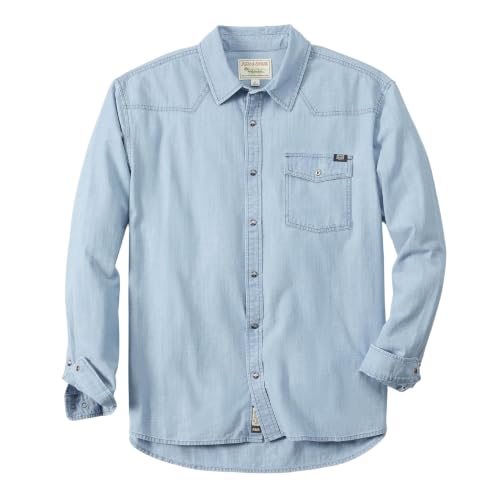 Field & Stream Men's Covey Back Long Sleeve Casual Shirt, Chambray, Small | Long sleeve snap-front shirt, 60/40 cotton-poly blend, signature Flying V yoke, chest pocket with moose snap