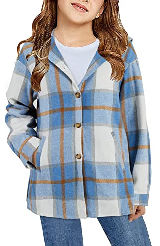 Image of Girls Cute Flannel Plaid Button Down Top with Pockets Long Sleeve Hooded Jacket