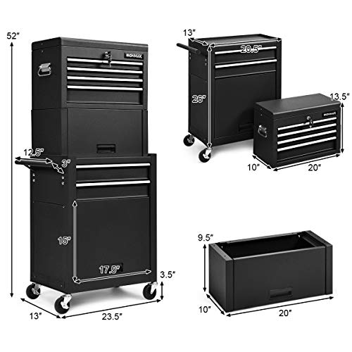 Goplus 6-Drawer Rolling Tool Chest w/Riser, 3 in 1 Rolling Tool Box w/Keyed Locking System, Detachable Top Box, Side Handle, Toolbox Organizer for Workshop Garage