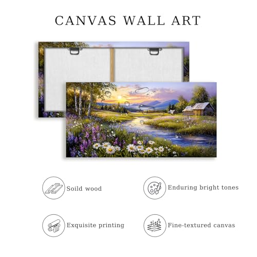 SERIMINO Large Wall Art for Living Room, River Landscape Wall Art, Meadow Wildflower Canvas Art Prints, Countryside Sunset Paintings Wall Decor for Bedroom, Farmhouse Kitchen Decor Pictures 24"X48"
