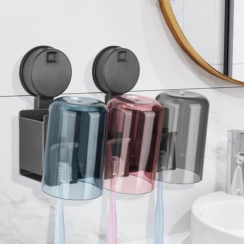 Euqvunn Soporte Cepillo de Dientes de Pared [Ventosa Removible Sin Perforación], Aleación de Aluminio, 3 Compartimentos Organizador, 3 Ranuras para Cepillos de Dientes y 3 Vasos para Enjuague Bucal