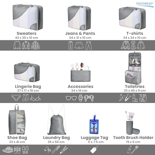 Image of OCEANEVO Set of 10 Pcs Packing Cubes for Travel | Includes Luggage Tag and Toothbrush Holder | Suitcase Organizer for Travelling for Clothes, Shoes and Lingerie | Model 3.0 - Grey - 1 Year Warranty