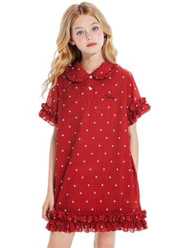 Girls Dresses,Red Ruffle Trim Dress with White Floral Polka Dots - Casual Party Dress for Girls & Tweens 6-16Y
