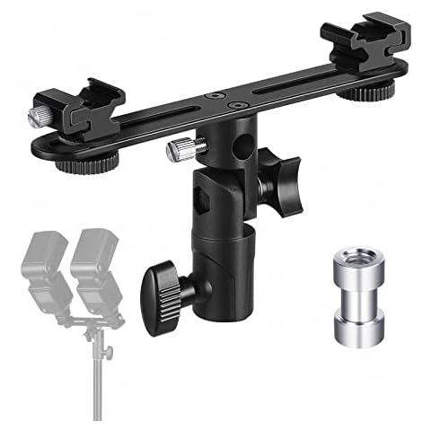 NEEWER Doppel Kaltschuh Blitzhalterung, 180° drehbares Lichtstativ mit Blitzschuhverlängerung, 1/4" bis 3/8" Adapter und Schirmhalter,kompatibel mit Canon Nikon Blitz Cover