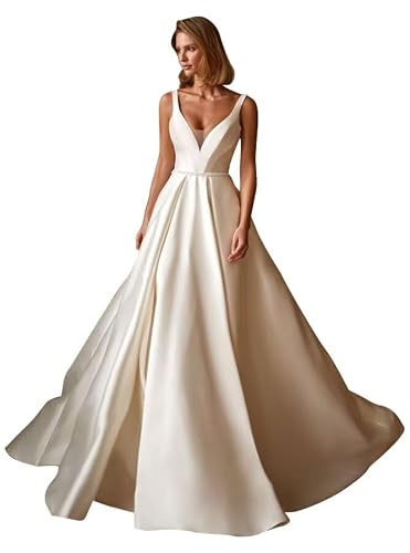 Sleeveless Simple Appliqued White Wedding Dress for Bride A Line V Neck Satin Empire Waist Backless Plus Size Wedding Gowns 2026 US18W