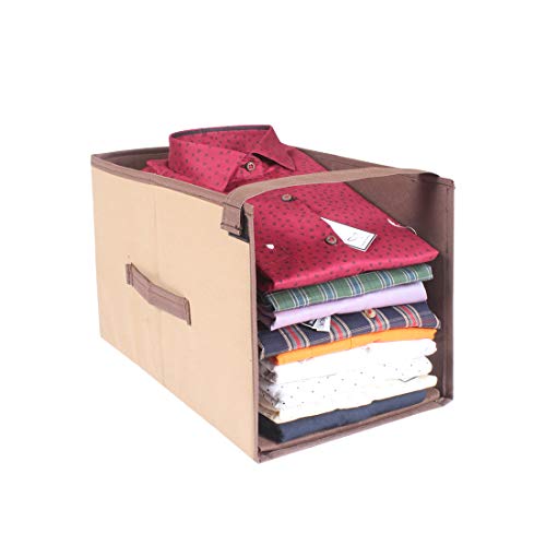 PrettyKrafts 1 Pc Non Woven Shirt Stacker/Cloth Organizer for Storage/Closet & Wardrobe Organizer for Storage/Foldable Shirt Organizer Cloth Storage Box (Beige & Brown, 25x38x25 cm)