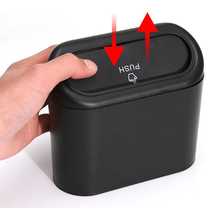 Mini Car Trash Can with Push Lid, Compact Vehicle Garbage Bin, Armrest Mount Seat Car Trash Bag Storage Box Organizers Waste Bin Trash Containers Black
