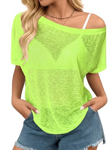 Image of Hilinker Women's Sheer Off The Shoulder Tops See Through Sexy Short Sleeve Mesh Shirt Summer