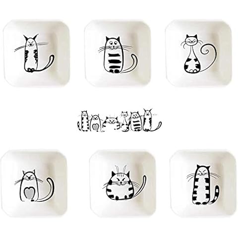 6pcs Super Cute Cat Ceramic Sauce Dish,Teabag Holder Dish,Condiment Dishes,Sushi Soy Dipping Bowl,Snack Serving Dishes,Porcelain Small Saucer Set,with Handle Grip (Square Shape) Cover