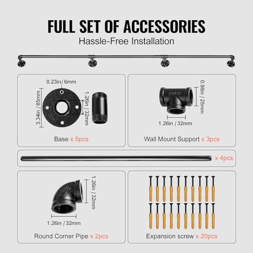 VEVOR Pipe Stair Handrail, 13FT Staircase Handrail, 440LBS Load Capacity Carbon Steel Pipe Handrail, Industrial Pipe Handrail with Wall Mount Support, Round Corner Wall Handrailing for Indoor, Outdoor by VEVOR - Image 3