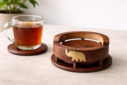Image of Wooden Handmade Tea Coasters Set of 6, Coasters for Cups Set of 6, Tea Cup Holder Table, with Elephant Brass Work, Coffee Wooden Coaster Set Cup Wooden Stand Coaster