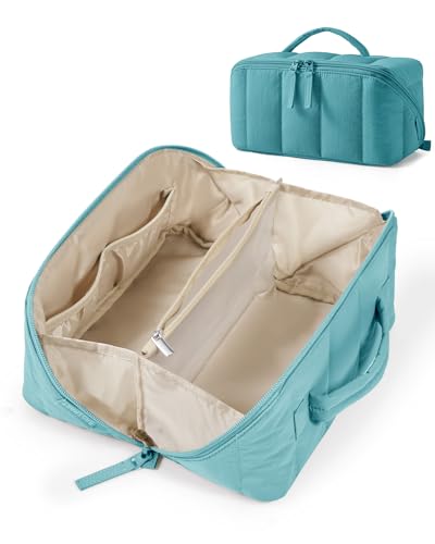 Image of BAGSMART Travel Makeup Bag for Women, Portable Water-resistant Cosmetic Case, Puffy Padded Make Up Organizer Pouch, Open Flat Toiletry Bag for Toiletries, Brushes, Green