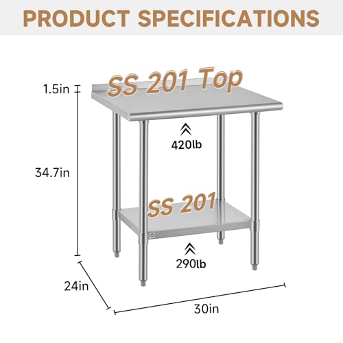 Image of ROCKPOINT All Stainless Steel Perp Table with Backsplash 24x30 Inch, Commercial Heavy Duty Table with Stainless Legs & Adjustable Undershelf, 710 lb Capacity for Restaurant,Home and Outdoor Kitchens