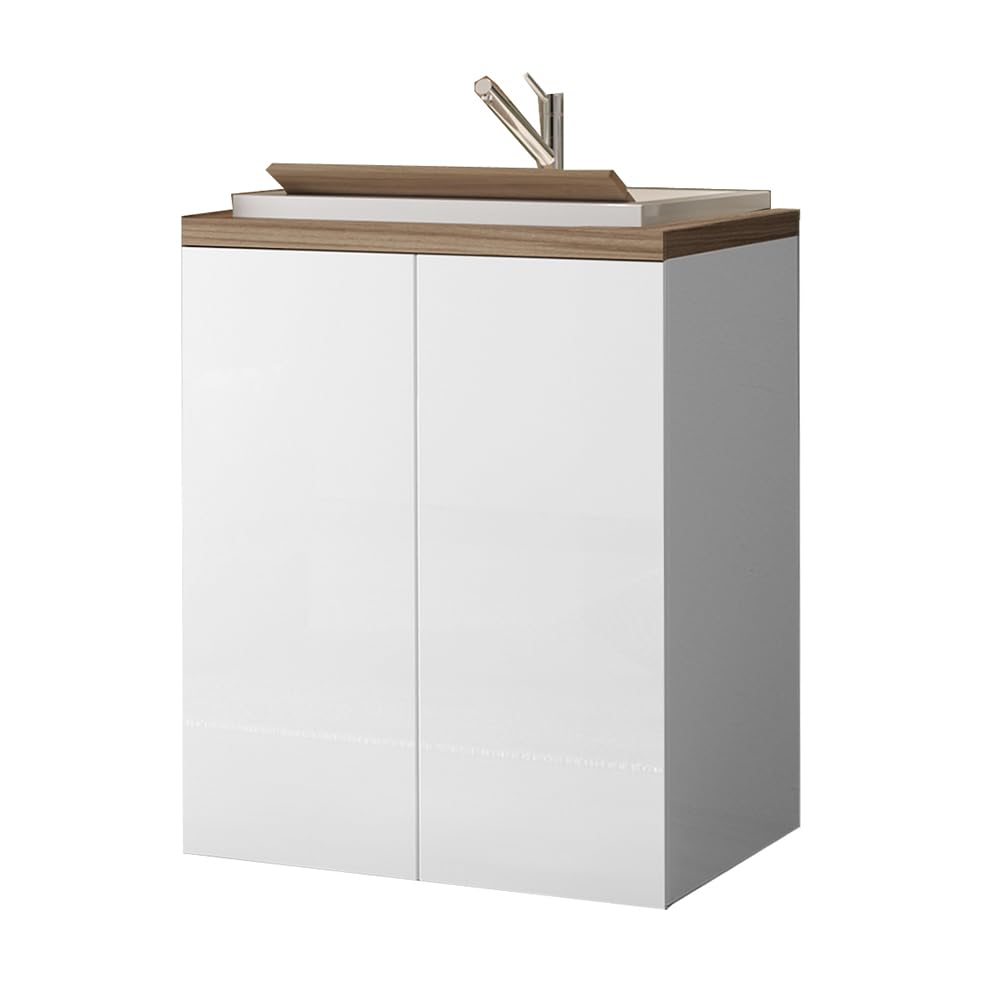 Mobile lavatoio 71x65 cm bianco e legno con vasca in resina e ripiano interno, in kit di montaggio con sifone e piletta di scarico incluso, WANDA