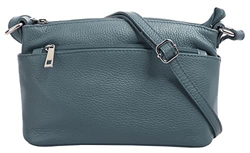 Cluty Umhängetasche Echt Leder Damen Made in Italy, Crossbody Bag, Messenger Bag mit Reißverschluss, Schultertasche aus Rindleder blau 020617