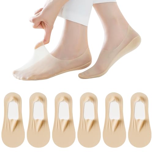 Fantasyon No Show Socks Women, 6 Pairs Non Slip Invisible Socks Ladies Low Cut Liner Footies Thin Silk Socks for Loafers Boat Flats