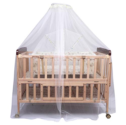 Image of 1st Step Wooden Cot (with 3Level Height, Detachable Mosquito Net, Storage Space and Wheels with Brakes), with Swinging Baby Cradle