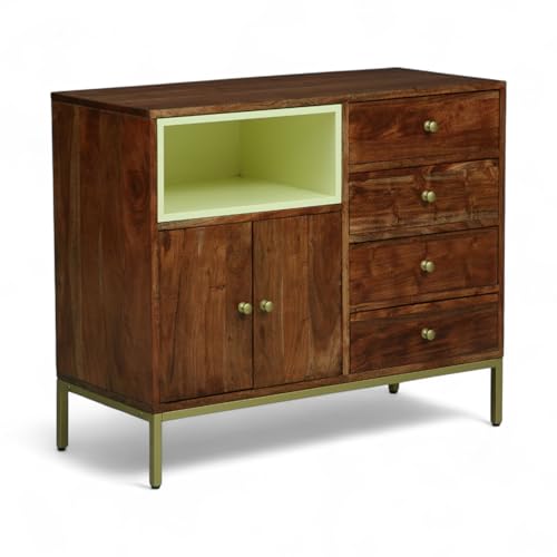 Image of Kalki Solid Wood 4-Drawer Storage Chest | Elegant Drawer Cabinet | Multi-Purpose Storage Cabinet | Finish - Tubaq & Off-White
