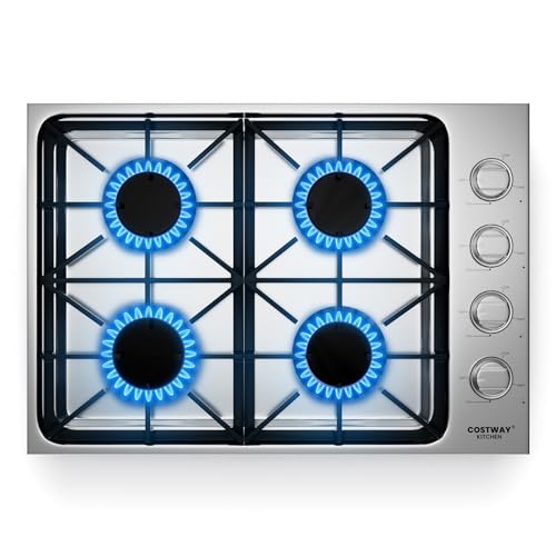 COSTWAY 30-inch Stainless Steel Gas Cooktop, 4 Burner Gas Stove Top with ABS Knobs and Cast Iron Grates, NG/LP G Convertible Range Top with Sealed Burners, Easy to Clean, Silver